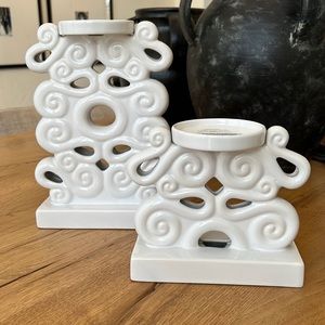 West Elm candle holders in glossy white ceramic